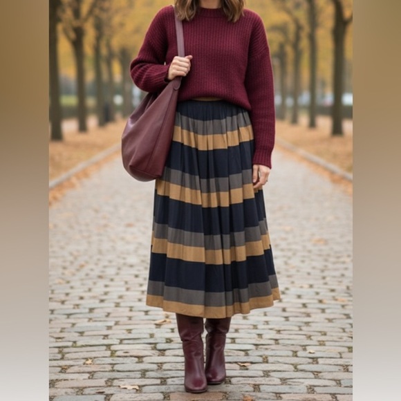 Broadway and Broome 100% silk Striped Black olive green Maxi Skirt S-M - Picture 1 of 7
